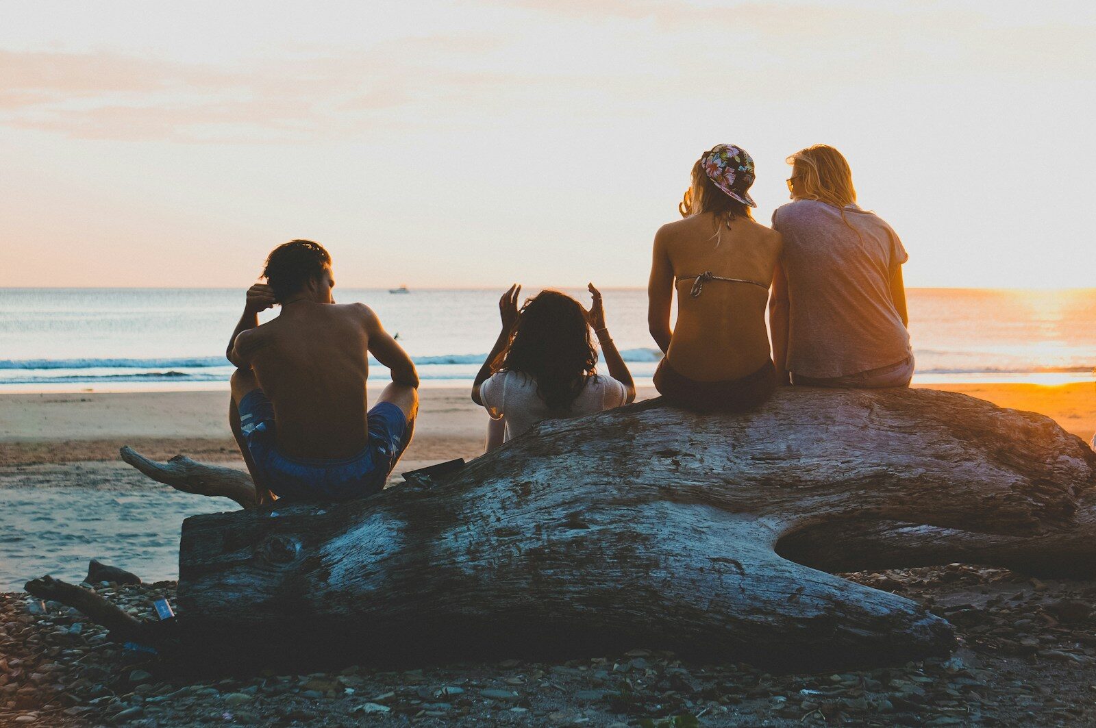 Four friends sit on a driftwood log at sunset on the beach, enjoying the ocean view and each other’s company.